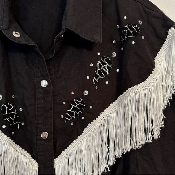 Neiman Marcus Western Top Shirt Black White Tassels Leather Appliqué 10 M - Picture 4 of 4